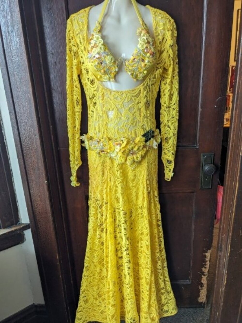 Bright yellow stretch lace professional bellydancing costume Hala Derkach